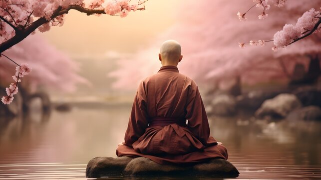 Monk Meditating Amidst Sakura Trees and Water, Zen, AI Generated