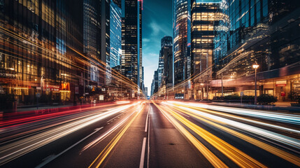 The hustle and bustle: Time - lapse inspired city scene, streams of car lights under the city's skyscrapers, energy of urban life - obrazy, fototapety, plakaty