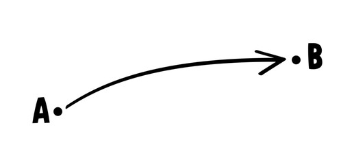 Line route from point A to point B. Find easy simple map walk move track way. Solution, problem and simplicity concept. Line with arrow, point.  Pointer or point trekking route, pin tracking or track 