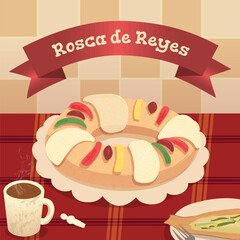 vector. Ilustración de mesa servida con la tradicional rosca de reyes mexicana.