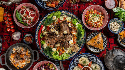 Fototapeta na wymiar Traditional Uzbek oriental cuisine. Uzbek family table from different dishes for the New Year holiday. The background image is a top view.