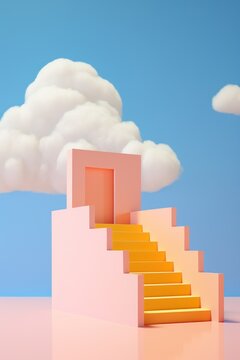 A dreamy vision of a pink staircase leading to a door amidst the clouds in the sky. An interplay of geometric compositions and juxtaposed elements, evoking a surreal, architectural marvel © Breezze