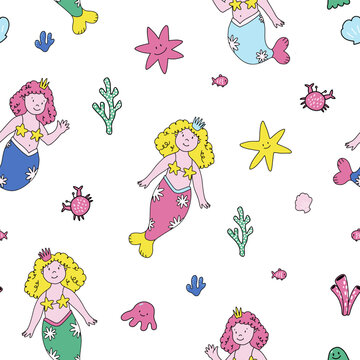 Beautiful vector seamless pattern with cute hand drawn mermaids and sea life.