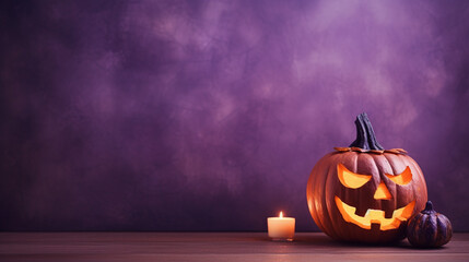 Carved Lit Pumpkin or Jack-O-Lantern with Candle Next to It on Bright Purple Background with Copy Space - Halloween and Spooky Season Theme - Generative AI