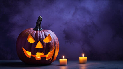 Carved Lit Pumpkin or Jack-O-Lantern with Candle Next to It on Bright Purple Background with Copy Space - Halloween and Spooky Season Theme - Generative AI