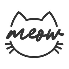 Meow lettering inside cat head pictogram, with ears and whiskers. Cute design for feline lovers and cat moms.