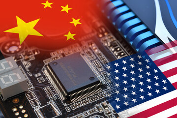 Microchip on a motherboard with Flag of China and USA. Concept for the battle of global microchips...