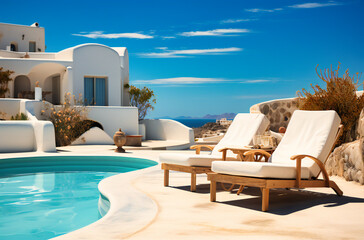 Obraz premium two lounge chairs next to outdoor swimming pool