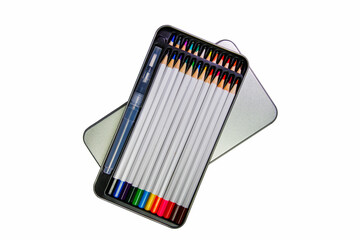 Stationery, white background, colored pencils, creative items