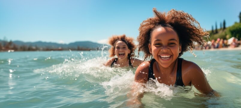 Portrait of two smiling girl having fun on beach on summer