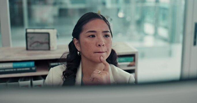 Woman, reading and report review on computer with stock market, investment and thinking about email from investor. Financial, data and research on trading in office and corporate employee with ideas
