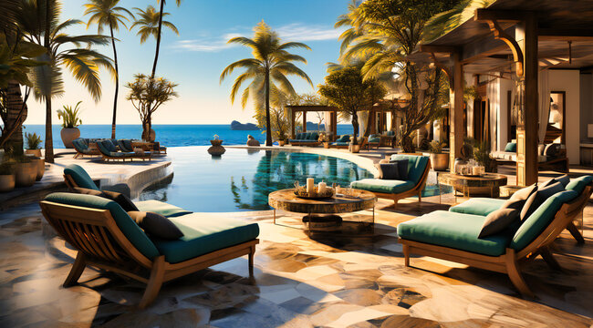 a pool with lounge chairs at the beachside