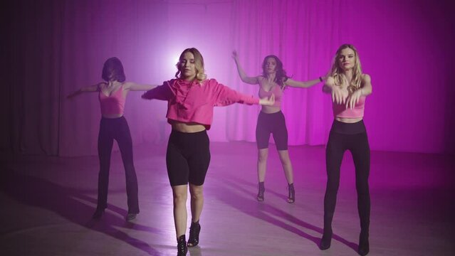 Beautiful girls on the set of the high heels dance. Hobby women learn to dance sensual dances. High quality 4k footage