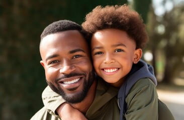 Portrait, happy father and boy smile in garden fun, vacation and break in summer happiness together. Black man and child smile, love and hug outdoor bonding free time on a sunny day in the park