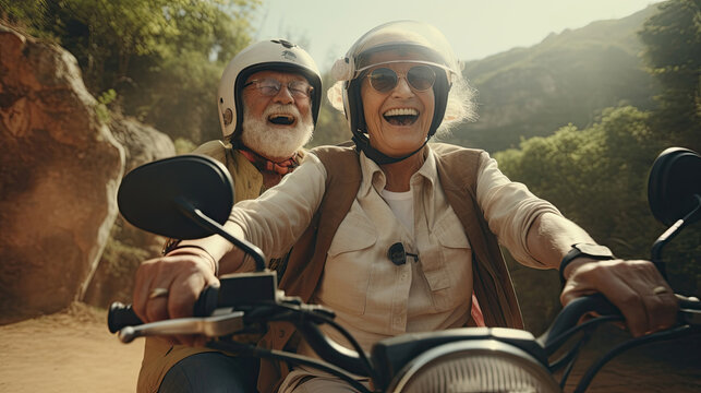 Elderly couple wearing helmets drive a classic motorcycle Travel the mountain paths happily.