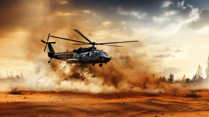 Fototapeta na wymiar Military chopper crosses crosses fire and smoke in the desert