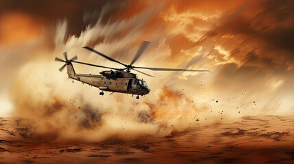Fototapeta na wymiar Military chopper crosses crosses fire and smoke in the desert