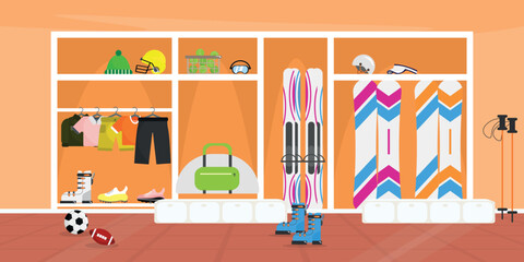 Vector illustration of a room with sports equipment. Cartoon scene with a closet with sports equipment: different types of balls, clothes, shoes, helmet, tennis balls, suitcase, skis, snowboard.