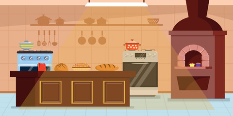 Vector illustration of a beautiful kitchen, bakery interior. Cartoon scene of a kitchen with various equipment: gas stoves with pots, pans, a towel, an oven, a table with pastries, bread, cakes.
