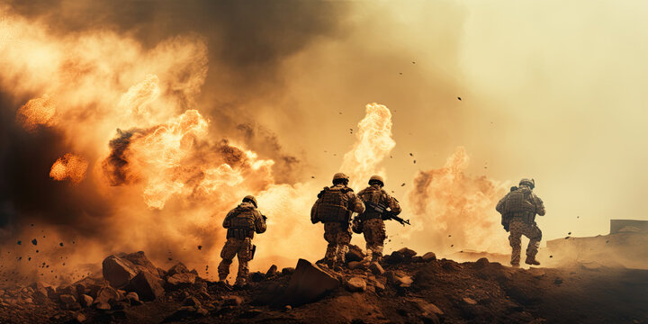 Military special forces soldiers crosses destroyed war zone through fire and smoke in the desert