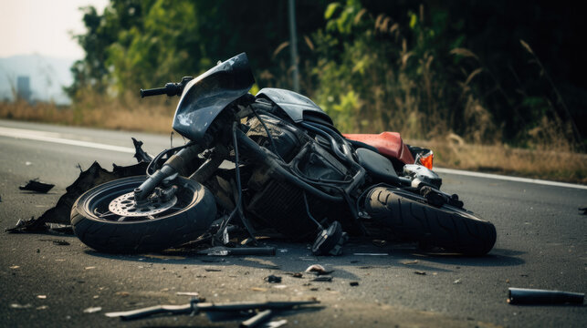 Motorcycle damaged after an accident on the highway