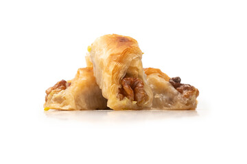 Delicious sweet baklava with walnuts isolated on white background.