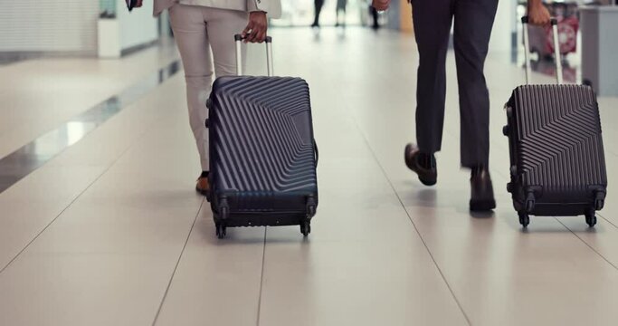 Airport luggage, business people and legs running late for global journey, travel mistake or plane departure. Flight disaster, schedule crisis and closeup team, steps and shoes rush to airplane