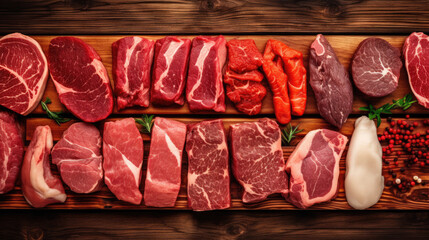 Meat cuts selection displayed in wooden ray at a butcher shop or a supermarket section