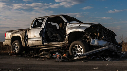 Fototapeta na wymiar Damaged pickup trucks after an accident on the highway