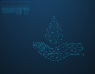 Vector illustration of a water drop on a hand on a dark blue background. A drop of water from a grid and dots. Environmental protection, clean water, ecology.