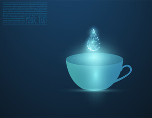 Vector illustration of a cup with water in neon light. Transparent cup with a drop of water on a dark blue background.