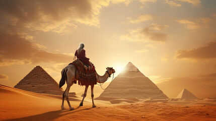 Woman riding a camel in the desert There is a pyramid in the background - obrazy, fototapety, plakaty