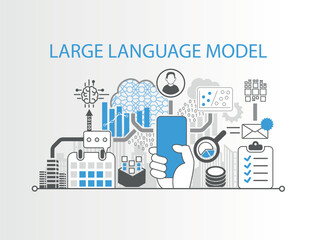 Large Language Model LLM concept with hand holding modern bezel free smartphone