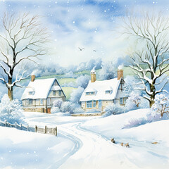 Naklejka premium Merry Christmas and Happy Holidays, watercolour printable art print, English countryside cottage as snow winter holiday Christmas card, thank you and diy greeting card design, country style