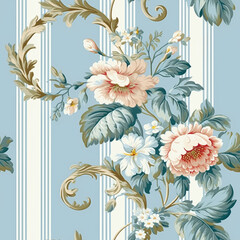 Seamless pattern, tileable English country style blue striped floral print for wallpaper, wrapping paper, scrapbook, fabric and product design