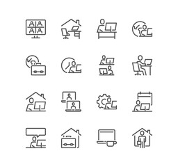Set of work place related icons, working, remote work, video conference, coworking, freelancer, home office and linear variety vectors.