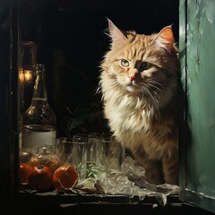 Cat in a white chef's hat. Animal chef. Nice picture on the topic of cooking.