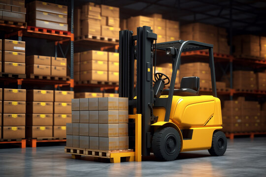 3D rendering of delivery, forklift, machine, truck, warehouse, lift, industry, equipment.