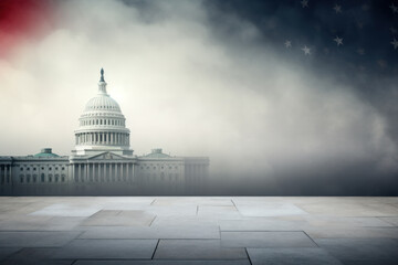 Political Freedom Graphic Resource: Tile Floor, US Capitol Building, Clouds Smoke, Empty Space for Text Generative AI