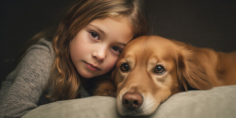 a photo of a child and their dog snuggled up together on a cozy couch