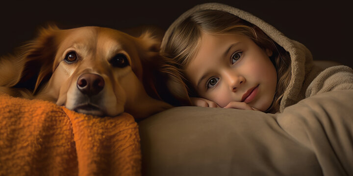 a photo of a child and their dog snuggled up together on a cozy couch.generative ai