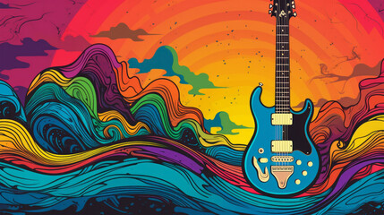 Illustration of a vibrant blue electric guitar resting on a captivating wave of vivid colors - obrazy, fototapety, plakaty