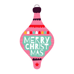 Christmas tree toy. Happy new year decoration in retro colors flat style with merry christmas quote. Christmas sticker - holiday symbol icon. Vector illustration