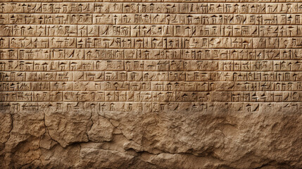 Ancient cuneiform of Babylon in Mesopotamia carved in old stone wall - obrazy, fototapety, plakaty
