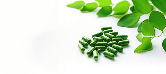 Medicinal green capsules on a desk and white background
