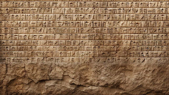 Ancient cuneiform of Babylon in Mesopotamia carved in old stone wall