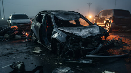 Photos of damaged cars after an accident on the highway