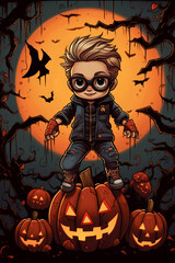 A young boy triumphantly standing on a pile of pumpkins, ready for Halloween festivities - Halloween Clipart