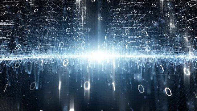 Bright glowing binary code data on futuristic network background. Concept digital technology animation.