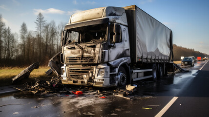 Photo of the damaged truck after an accident on the highway - obrazy, fototapety, plakaty